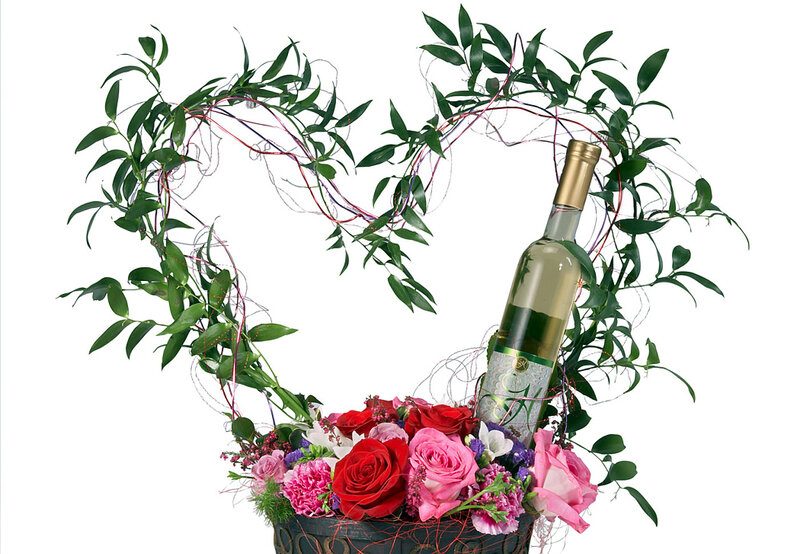 Floral heart with wine bottle