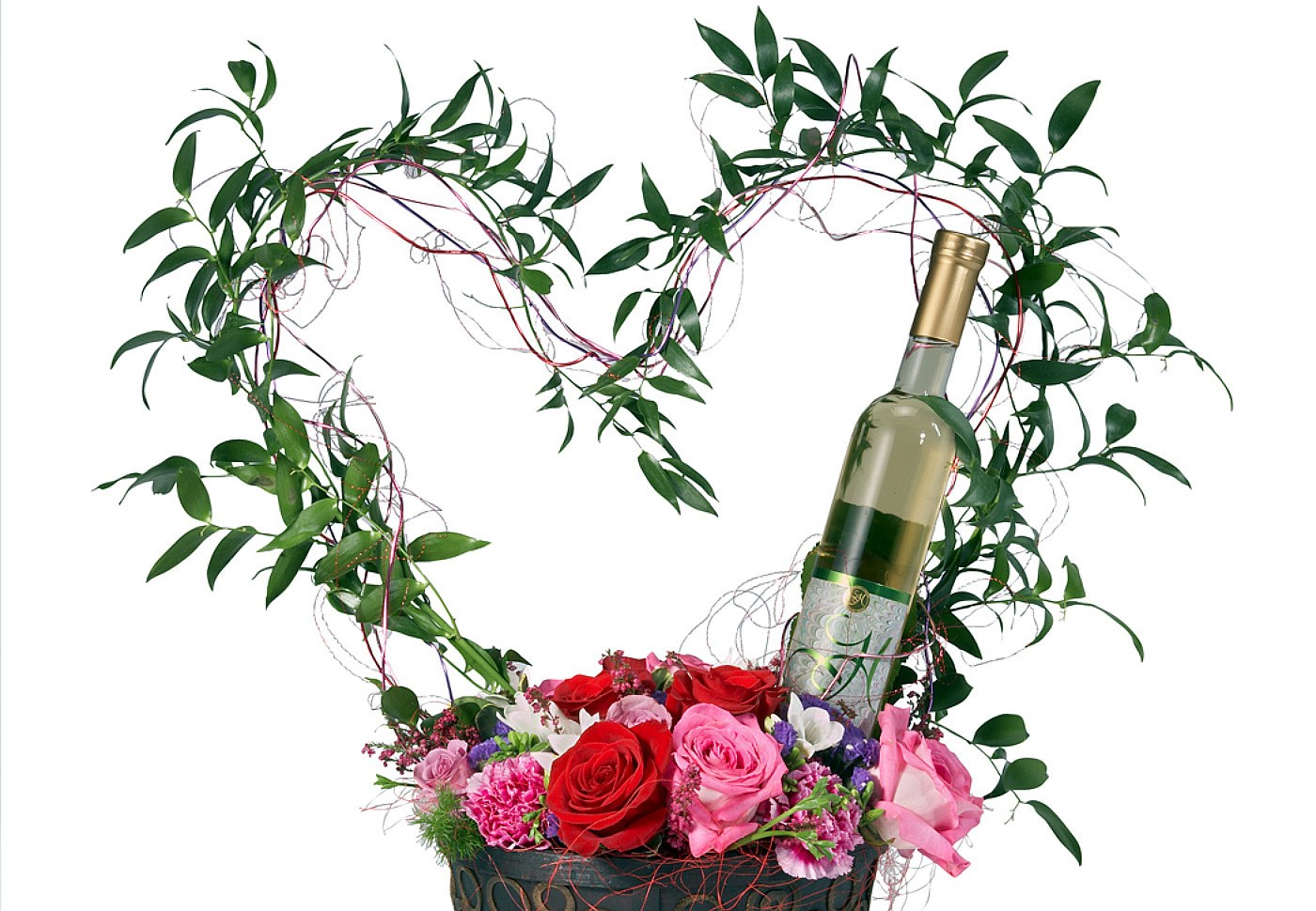 Floral heart with wine bottle