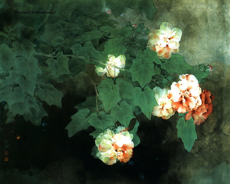 Floral painting with green leaves