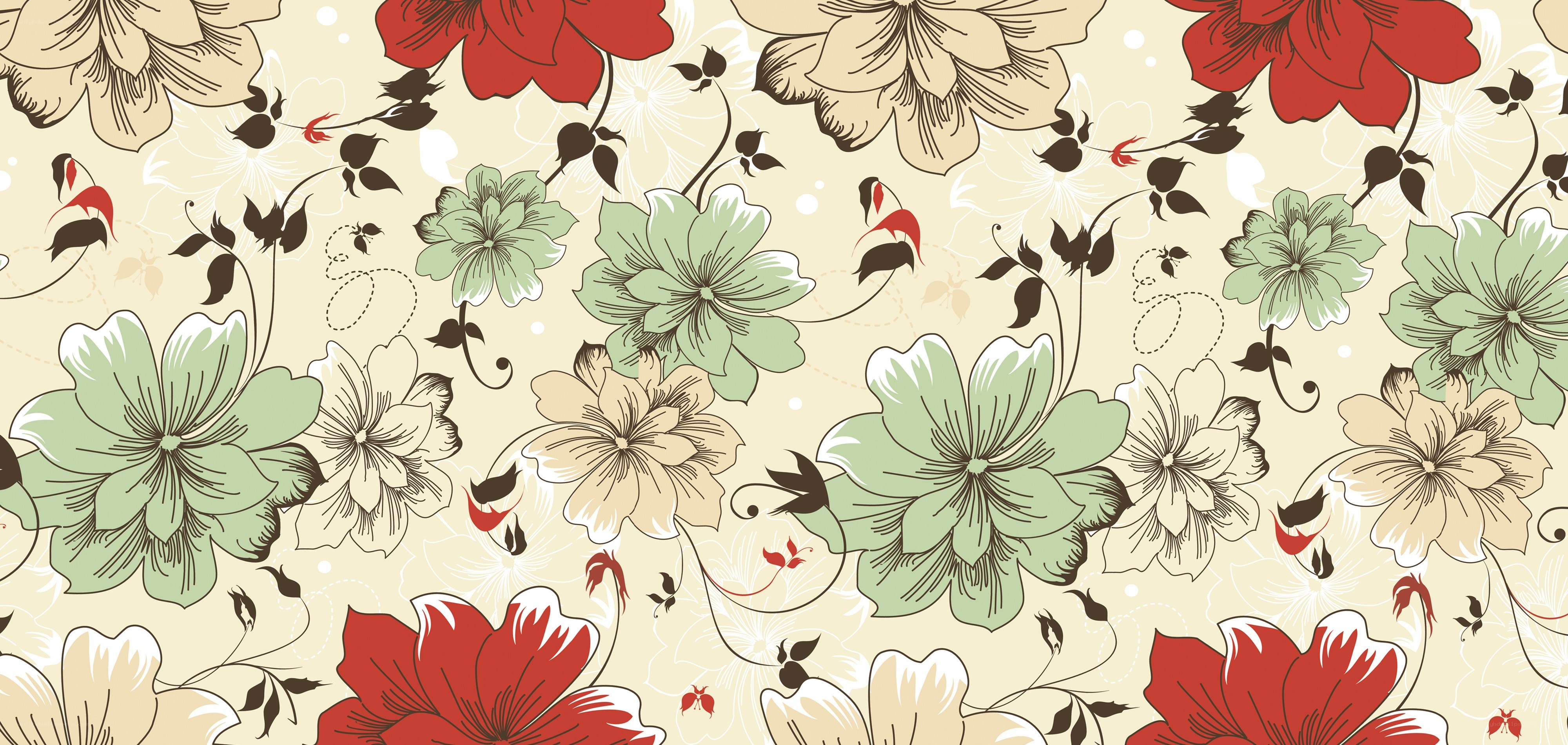 floral pattern with red green and beige flowers