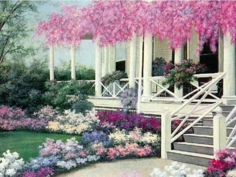 Floral porch garden scene