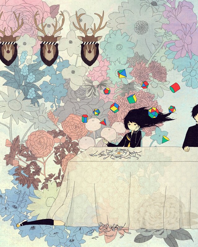 Floral scene with students