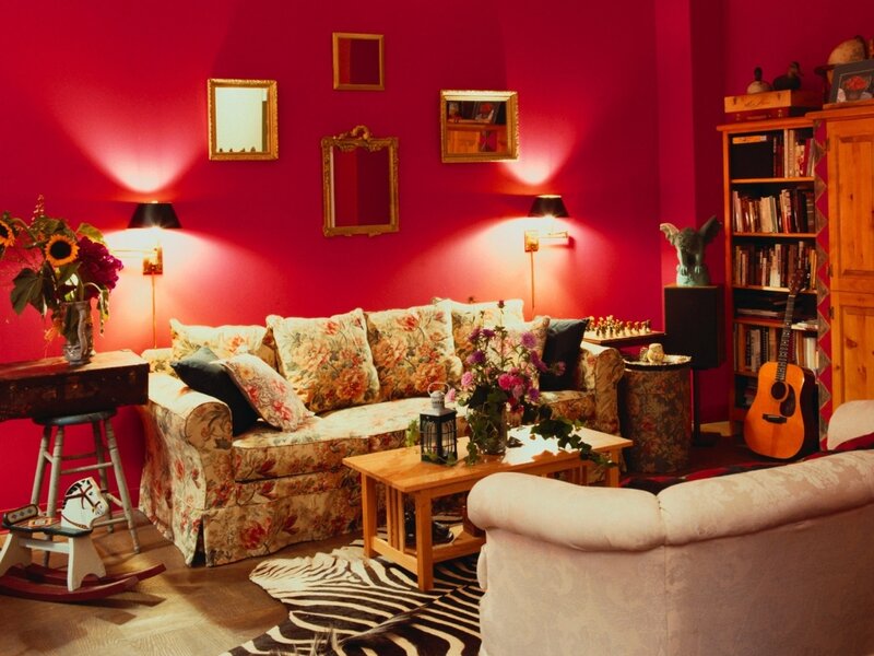 Floral Sofa in Red Room — Cozy