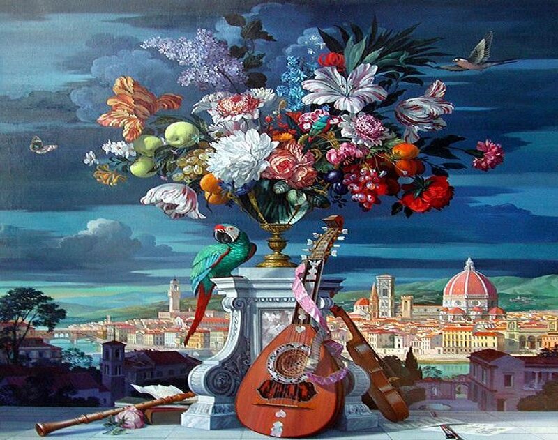 Floral still life with city view