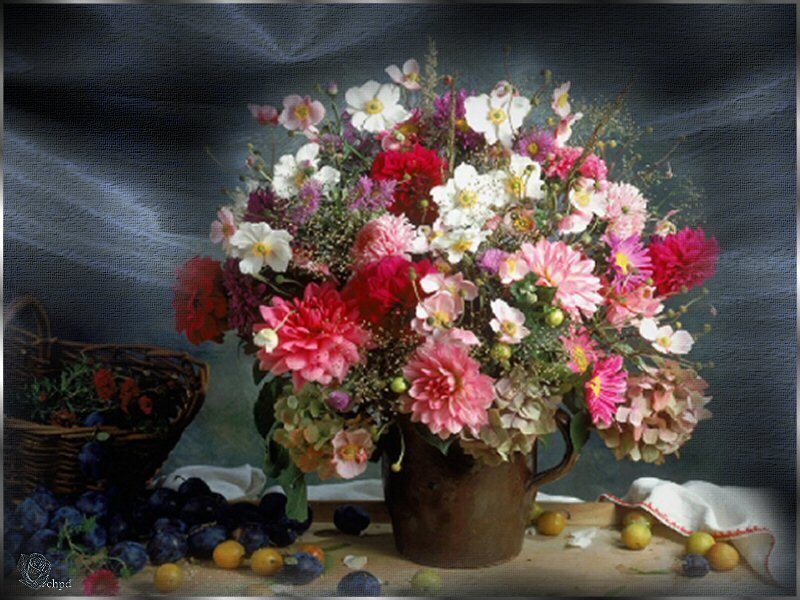 Floral still life with fruit