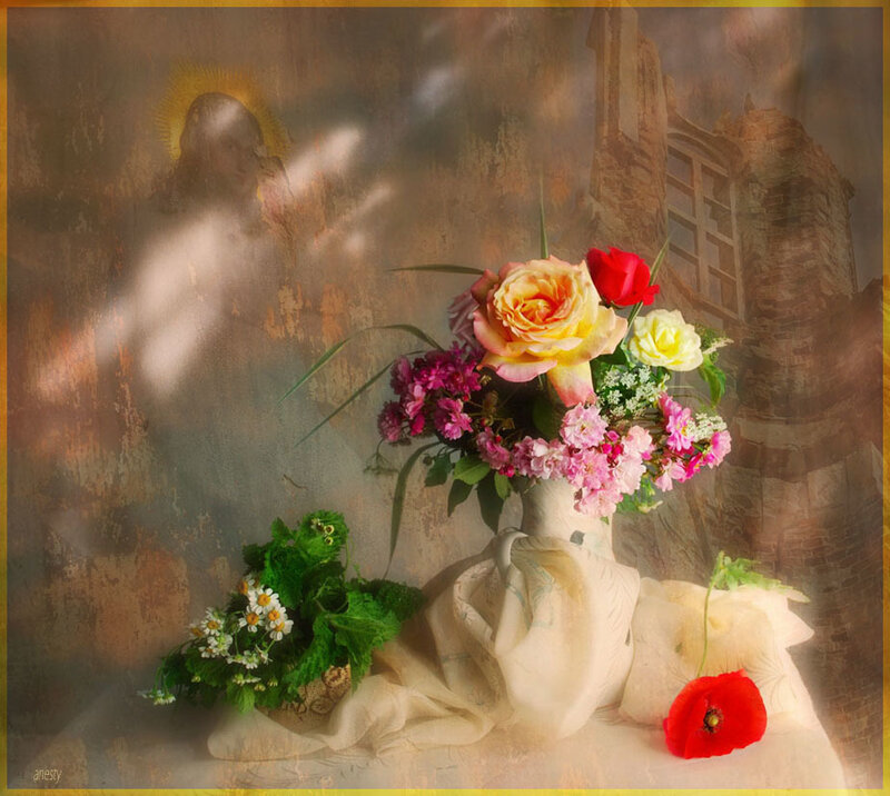 Floral still life with religious figure