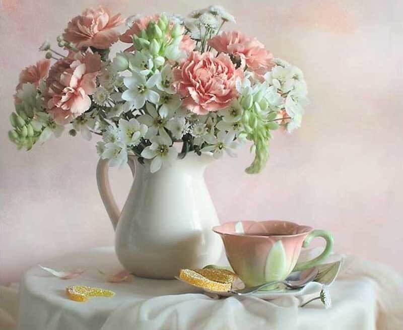 Floral still life with tea cup