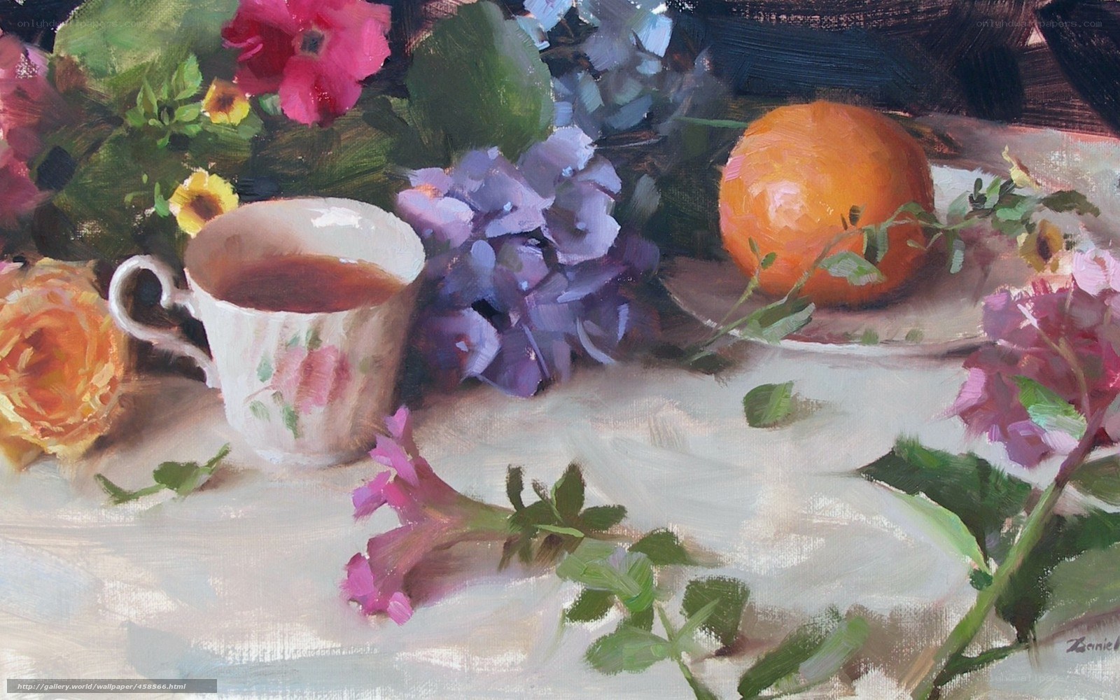 Floral still life with tea cup