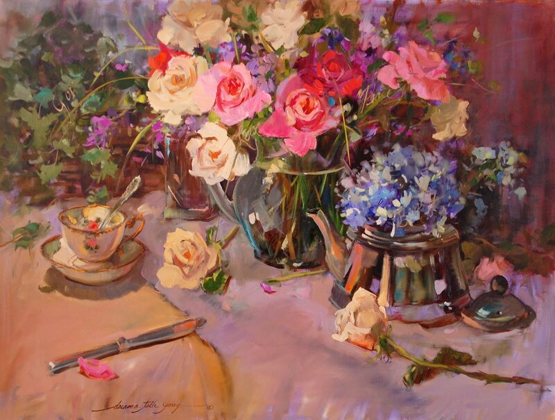 Floral still life with tea set