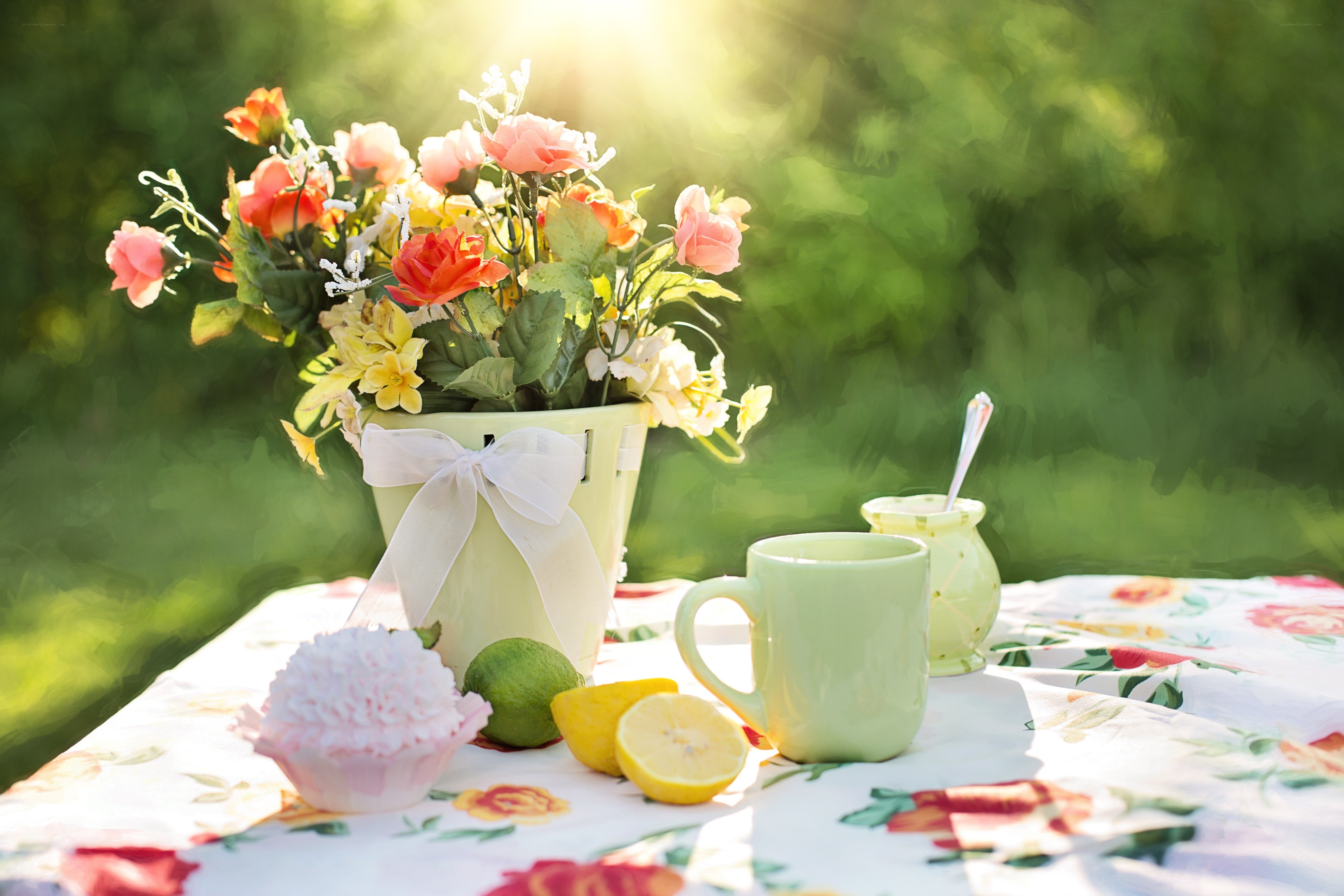 Floral tea setting in garden