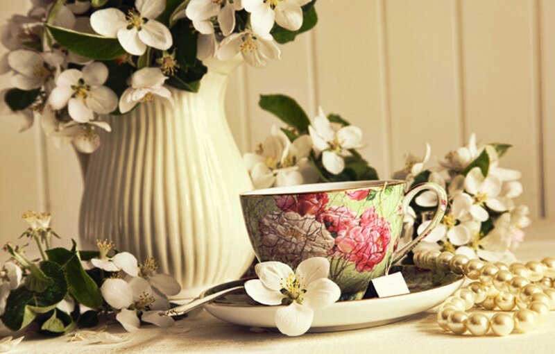 Floral Teacup and Flowers — White