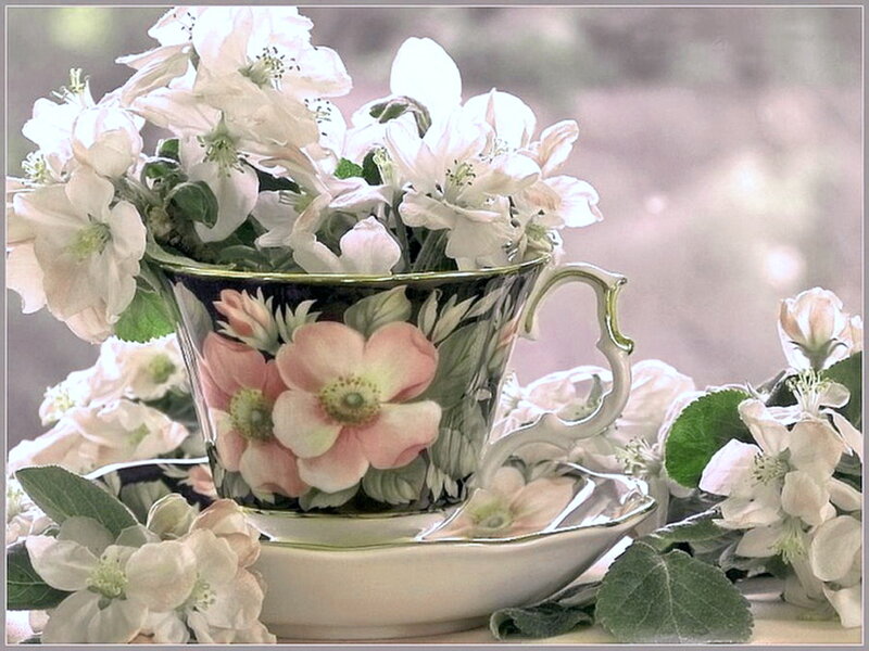 Floral Teacup with Flowers — White, Serene