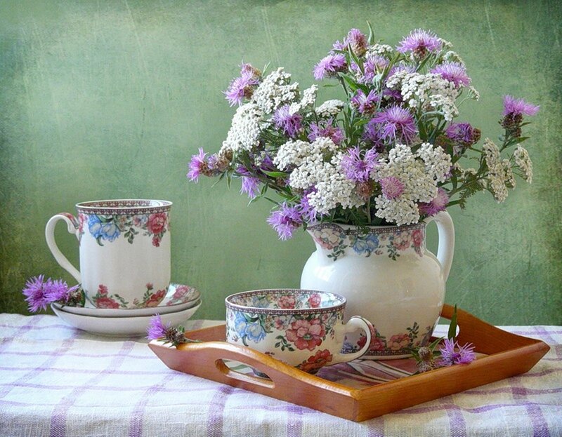 Floral Teacups and Flowers — Green, Serene, Photograph