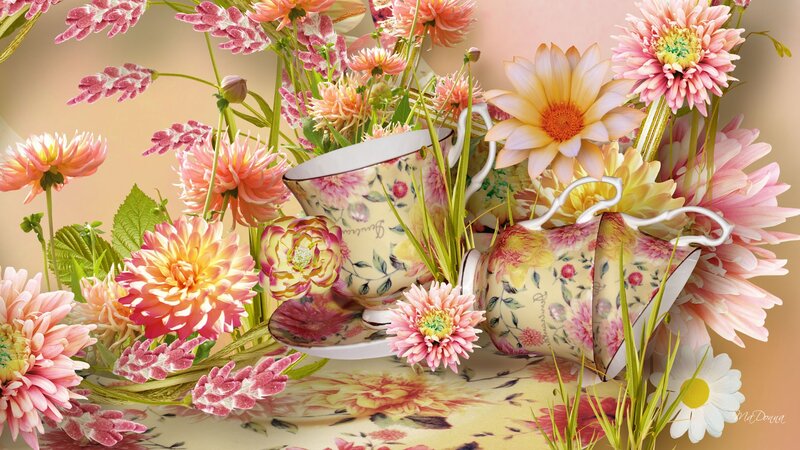 Floral Teacups and Flowers — Pink