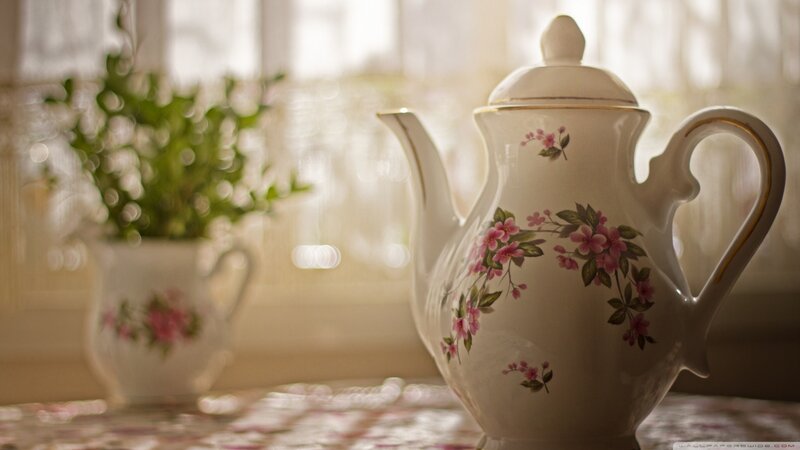 Floral Teapot on Table — White, Serene, Morning