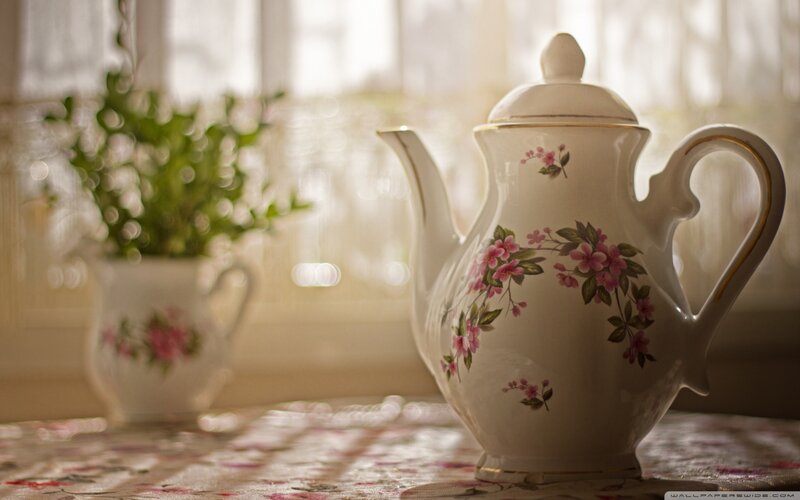 Floral Teapot on Table — White