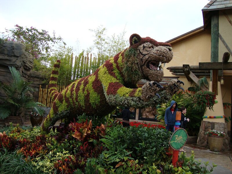 Floral tiger sculpture in garden