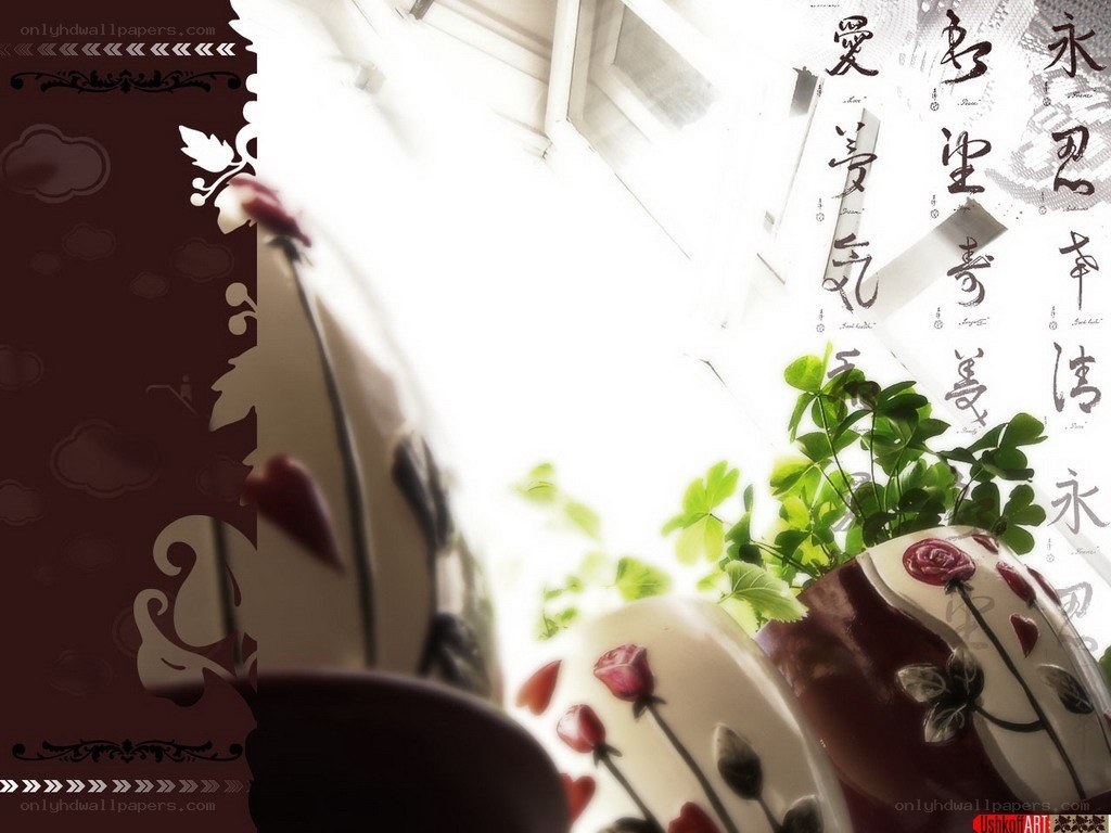 Floral vases with calligraphy