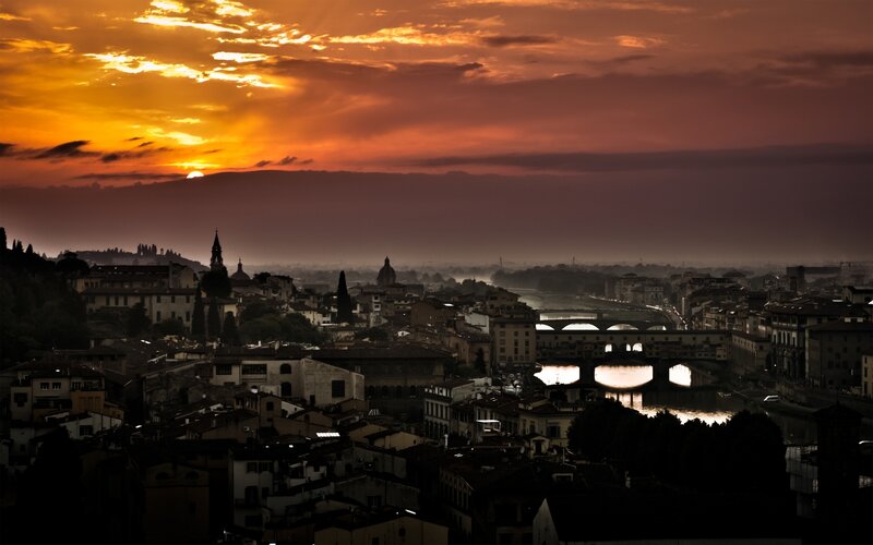Florence Cityscape at Sunset — Orange, Dramatic, Photograph, River, Bridge, Buildings