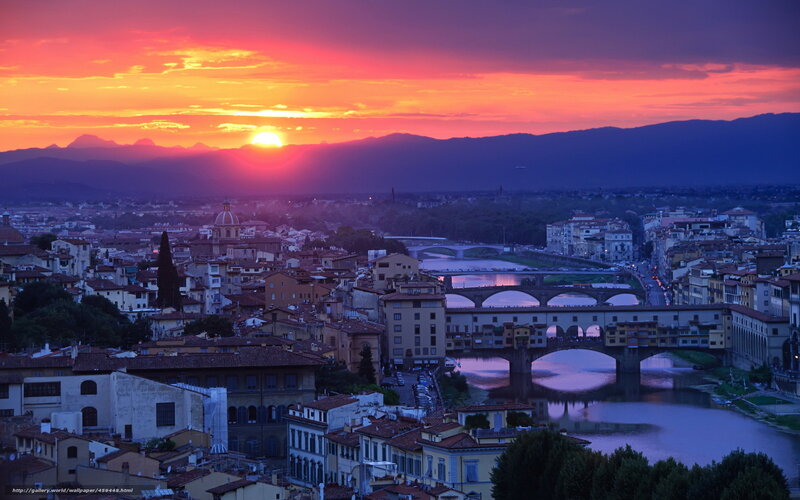 Florence Cityscape at Sunset — Orange, Dramatic, Photograph, River, Bridge, Mountains
