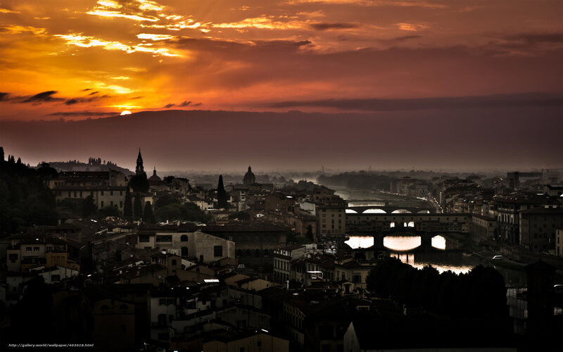 Florence Cityscape at Sunset — Orange, Dramatic, Photograph, River, Bridge, Sky