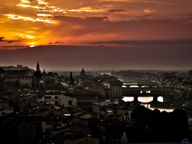 Florence Cityscape at Sunset — Orange, Dramatic, Photograph, River, Bridge