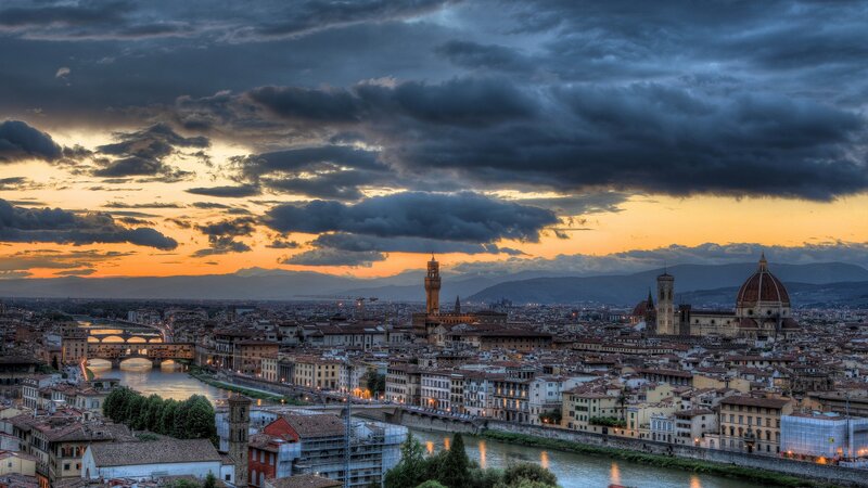 Florence Cityscape at Sunset — Orange, Dramatic, Photograph, River, Bridges