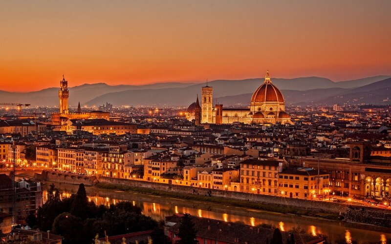 Florence Skyline at Dusk — Orange, Serene, Sunset, Photograph, River, Dome