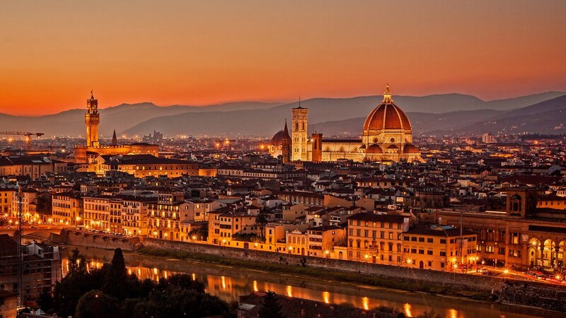 Florence Skyline at Dusk — Orange, Serene, Sunset, Photograph, River