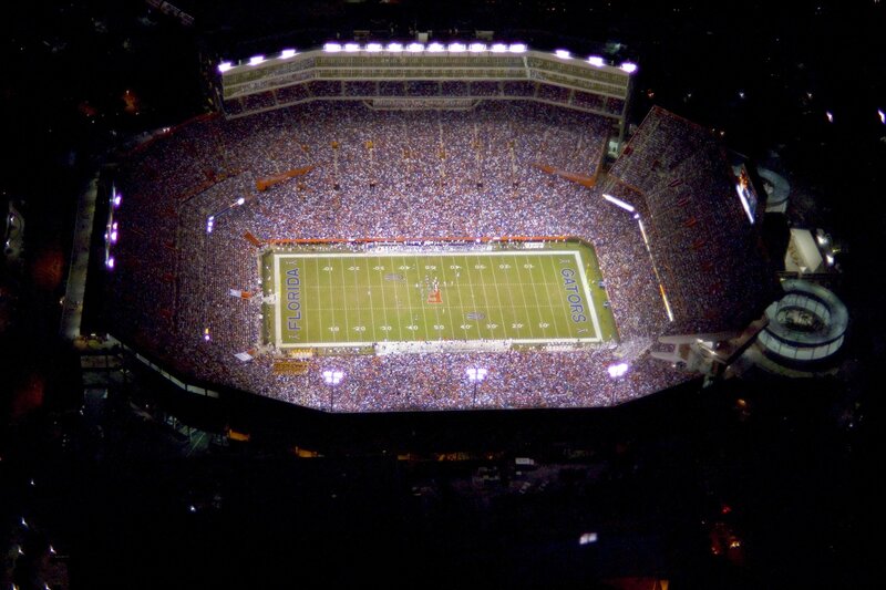 Florida Gators football stadium at night