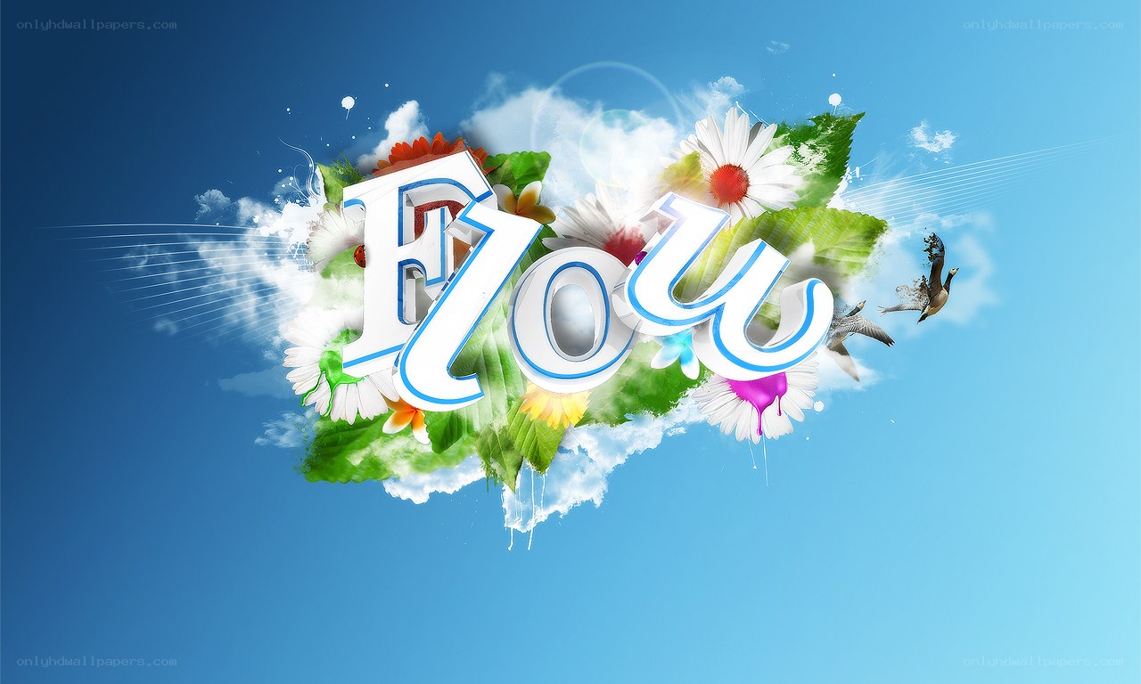 Flow text with flowers and birds
