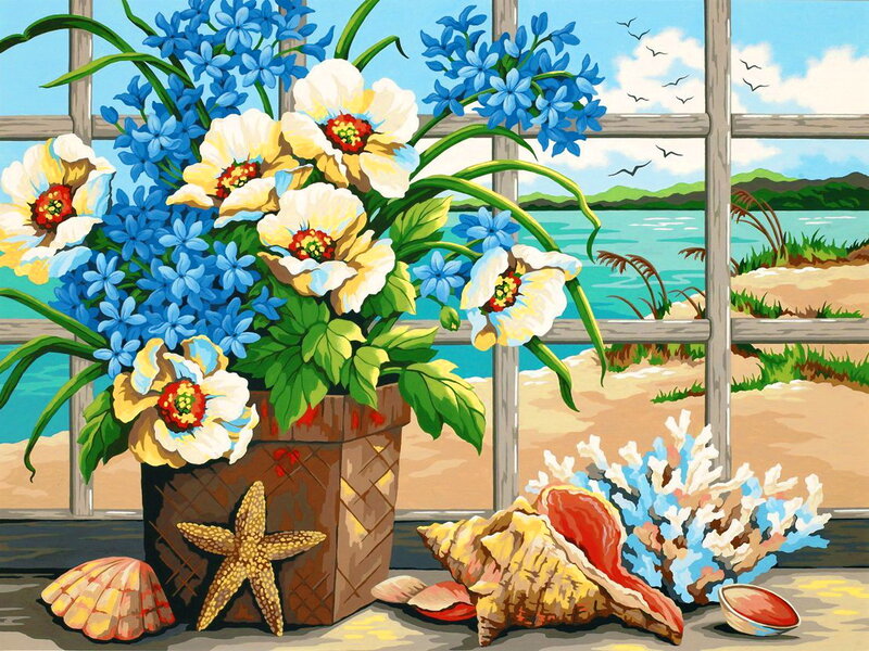 Flower Arrangement by Window — Blue