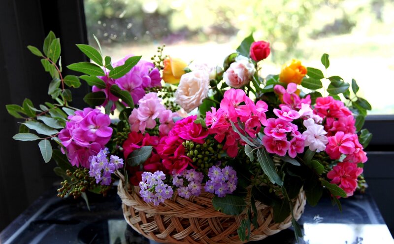 Flower Arrangement in Basket — Pink, Calm, Afternoon, Photograph, Flowers, Leaves