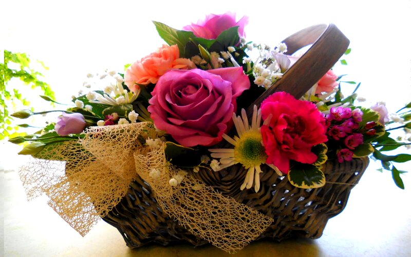 Flower Arrangement in Basket — Pink, Calm, Afternoon, Photograph