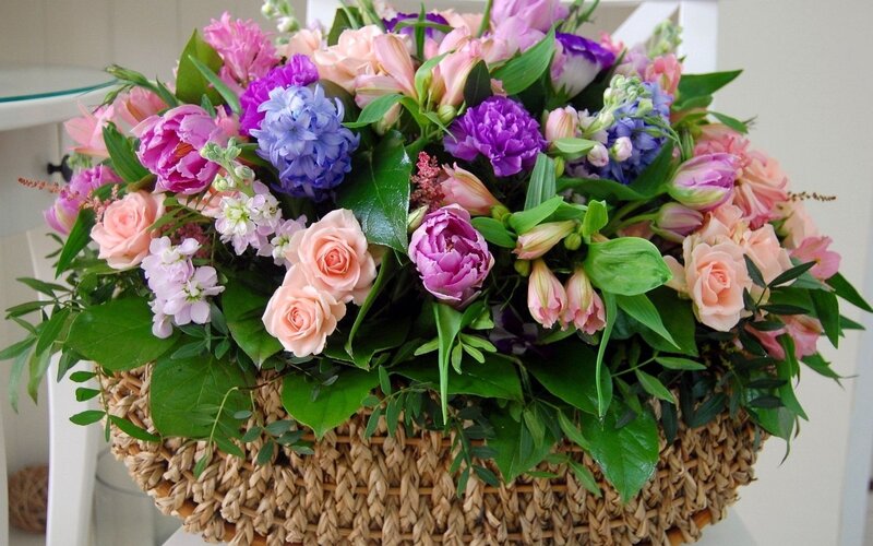 Flower Arrangement in Basket — Pink, Calm, Photograph, Roses