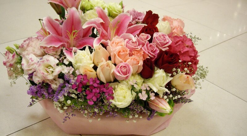 Flower Arrangement in Basket — Pink, Festive, Photograph