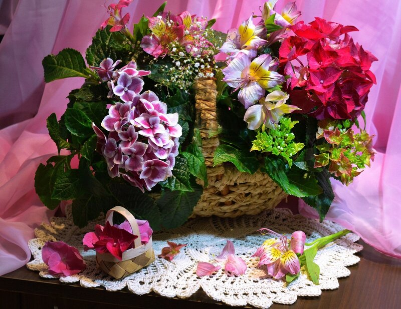 Flower Arrangement in Basket — Pink, Serene, Photograph