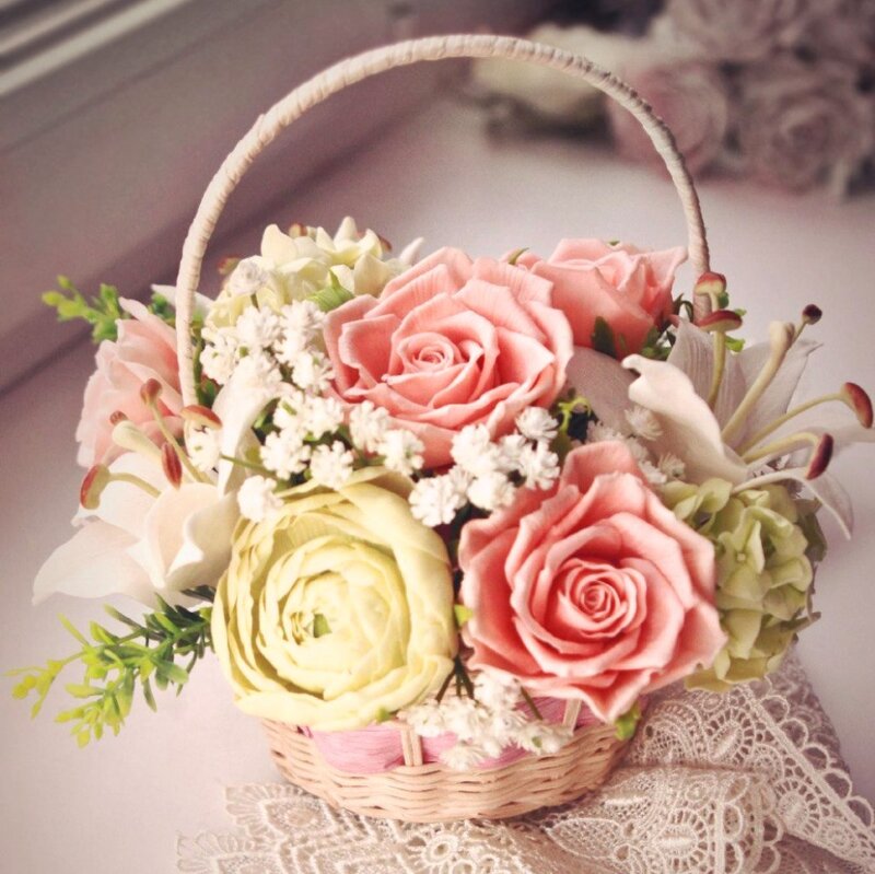 Flower Arrangement in Basket — Pink, Soft
