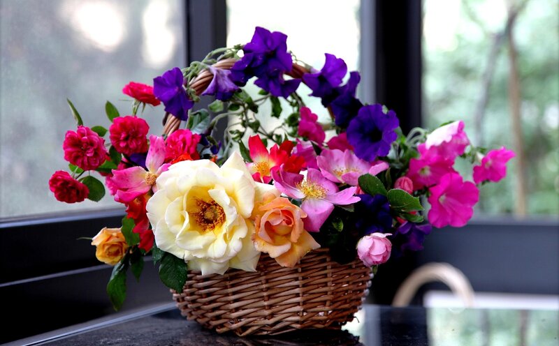 Flower Arrangement in Basket — Purple, Calm