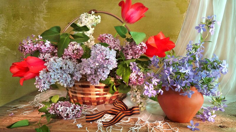 Flower Arrangement in Basket — Purple, Serene, Spring