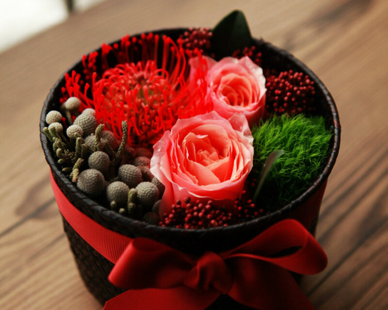 Flower Arrangement in Basket — Red, Calm, Photograph, Roses