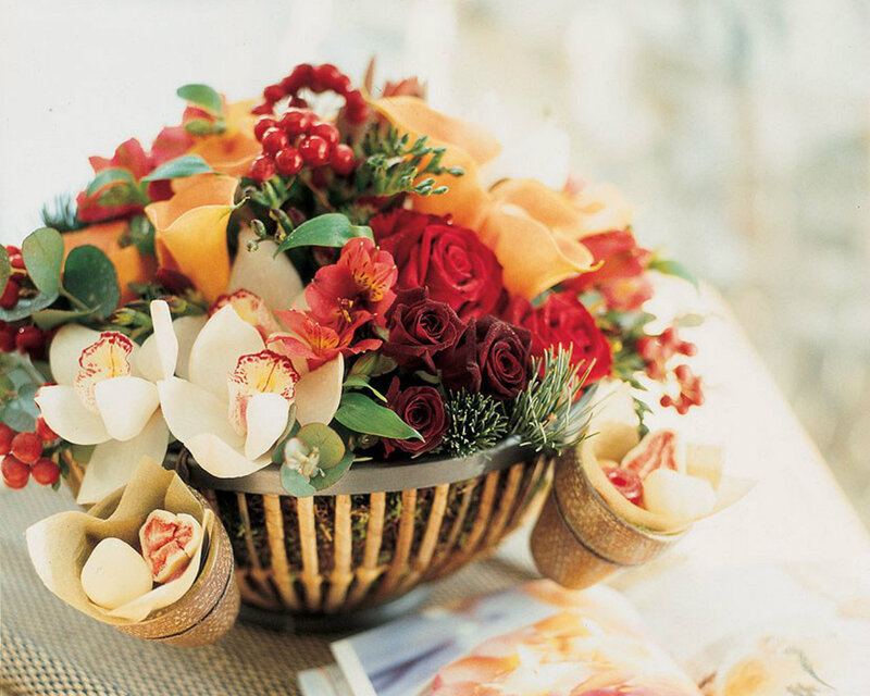 Flower Arrangement in Basket — Red, Festive
