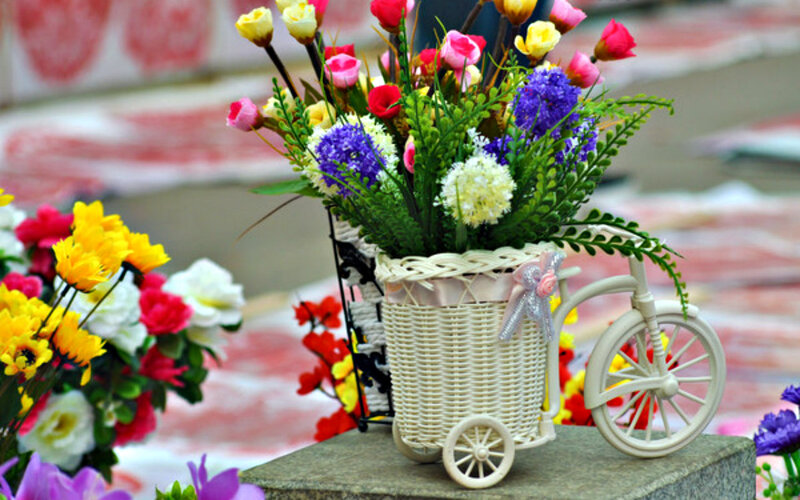 Flower Arrangement in Basket — White, Festive