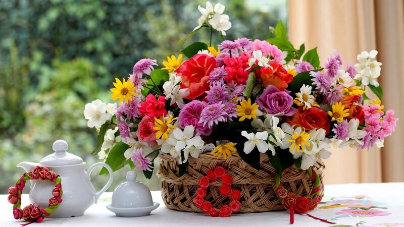 Flower Arrangement in Basket — White, Serene, Afternoon, Photograph, Teapot, Sugar Bowl