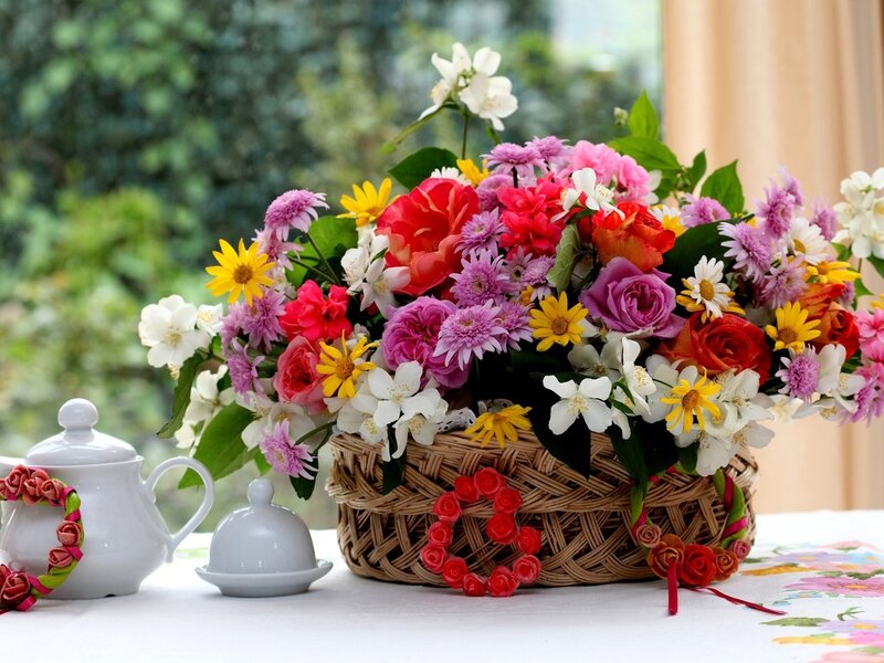 Flower Arrangement in Basket — White, Serene, Afternoon, Photograph