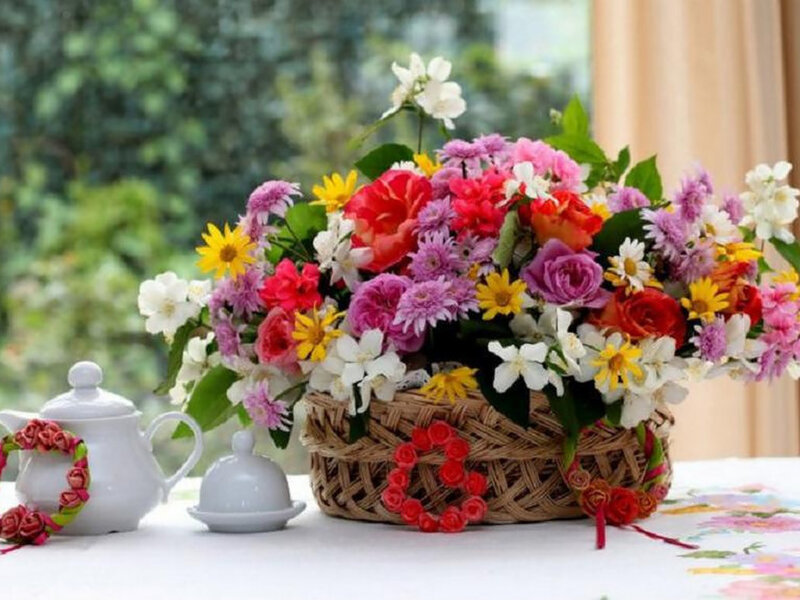 Flower Arrangement in Basket — White, Serene, Afternoon
