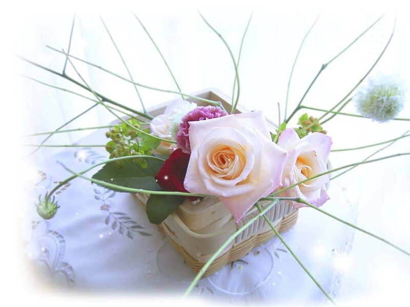 Flower Arrangement in Basket — White, Serene, Photograph