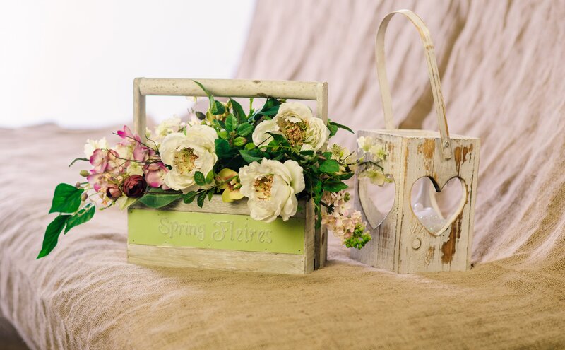 Flower Arrangement in Basket — White, Serene, Spring
