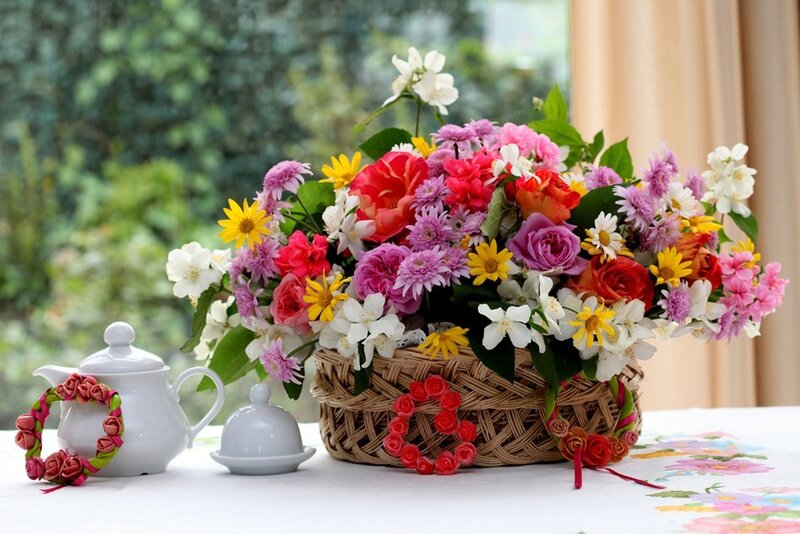Flower Arrangement in Basket — White, Serene