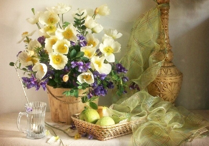 Flower Arrangement in Basket — White